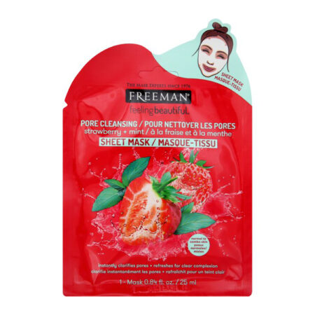 FREEMAN Sheet Mask, Strawberry + Mint, Pore Cleansing, 0.84 FL OZ